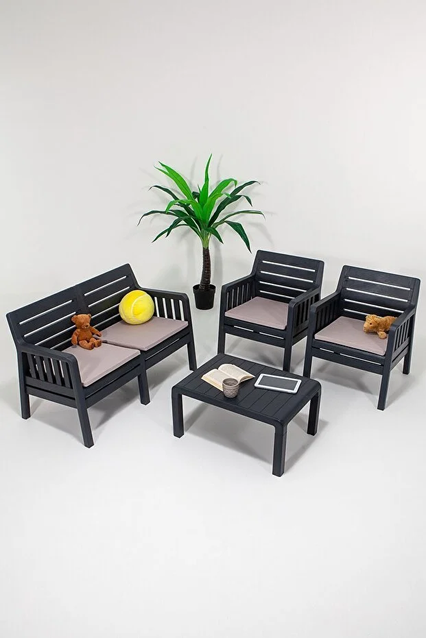 Silva 2 1 1 S Minderli Bahçe, Balkon Teras Takımı - Bahçe Mobilyası 4 Kişilik Bahçe Takımı Antrasit